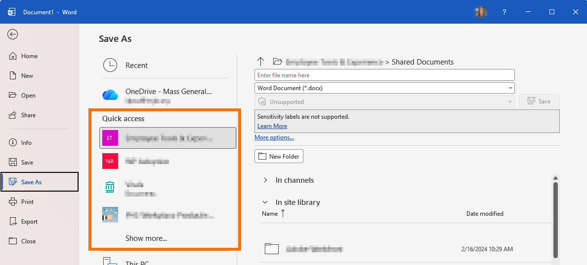 Microsoft Word Save As screen showing team and SharePoint locations under Quick access, highlighted as options for saving a document to a channel’s shared library.