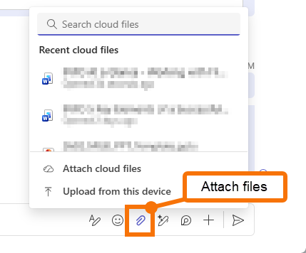 Microsoft Teams chat showing the Attach files menu above the message box, with options to search recent cloud files, attach cloud files, or upload a file from the device.