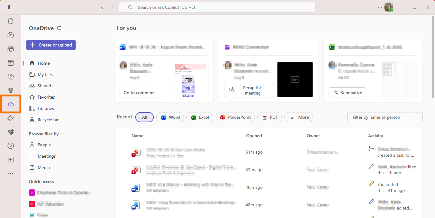 Microsoft Teams desktop app showing the OneDrive Home page, with left navigation for My files, Shared, Favorites, Libraries, and Recycle bin; recommended files appear at the top and recently opened files are listed below.