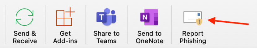 A screenshot of several buttons in Outlook, including the Report Phishing button with an arrow pointing to it