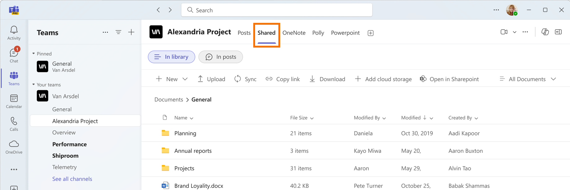 Microsoft Teams showing a channel with the Shared tab highlighted and a library of channel folders and files displayed below.