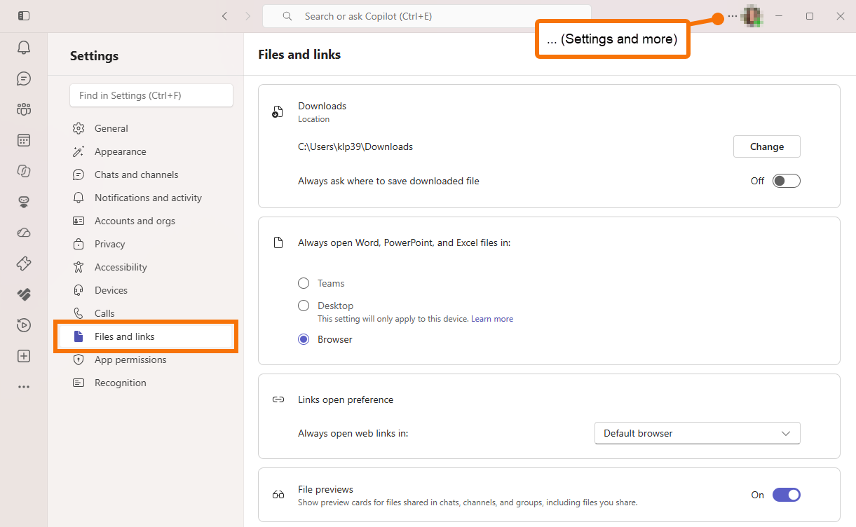Microsoft Teams Files and links settings page, with Settings and more and Files and links highlighted. Options are shown for download location, how Office files open, link preferences, and file previews.