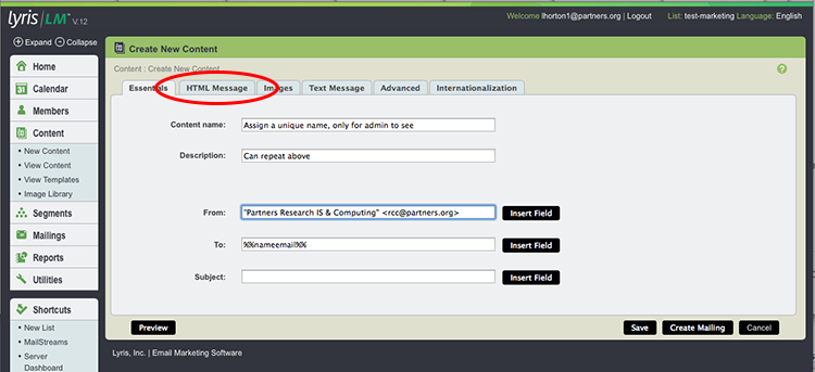 Select HTML Message Tab Next to Essentials